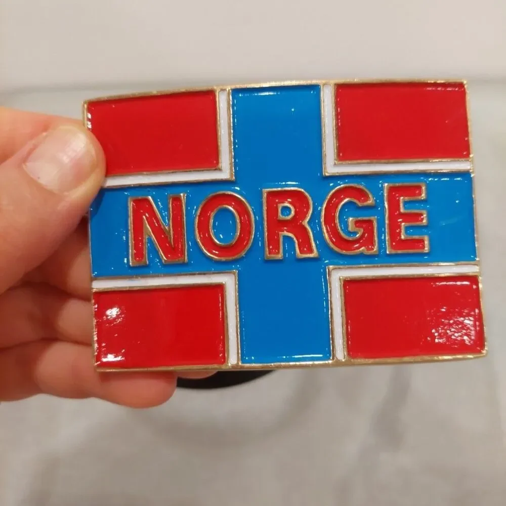 Black Italian Leather Belt with a buckle featuring the flag of Norway 